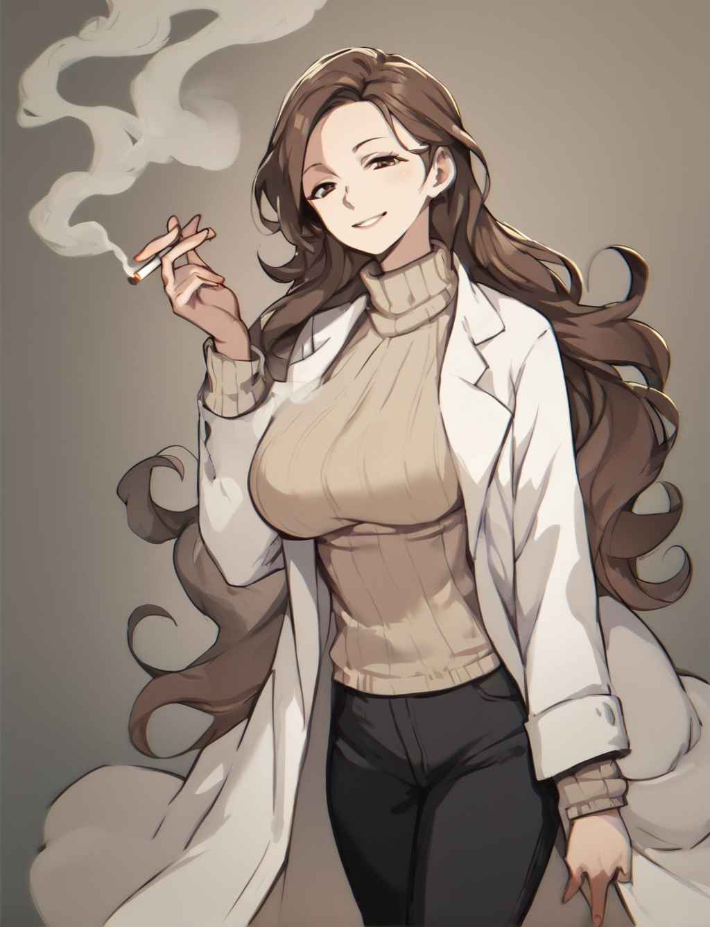 score_9, score_8_up. score_7_up,  uncensored, <lora:blvefo:1>,  blvefo9, mature female, 
1girl,holding cigarette,lab coat,brown hair,smile,black pants,smoking,long sleeves,large breasts,smoke,looking at viewer,long hair,turtleneck sweater,brown eyes,cowboy shot