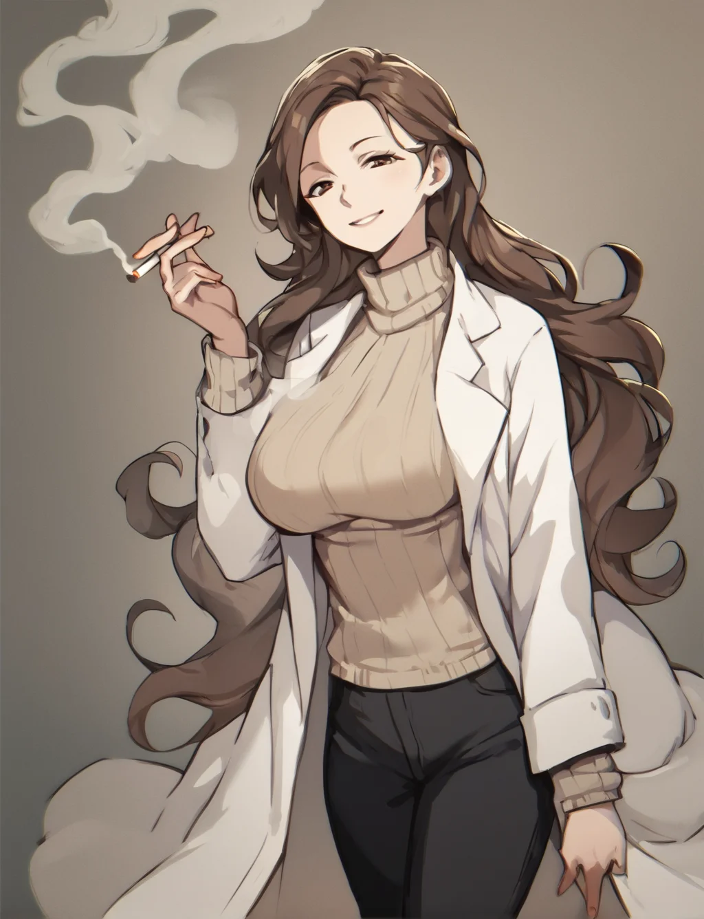 score_9, score_8_up. score_7_up, uncensored, <lora:blvefo:1>, blvefo9, mature female,
1girl,holding cigarette,lab coat,brown hair,smile,black pants,smoking,long sleeves,large breasts,smoke,looking at viewer,long hair,turtleneck sweater,brown eyes,cowboy shot