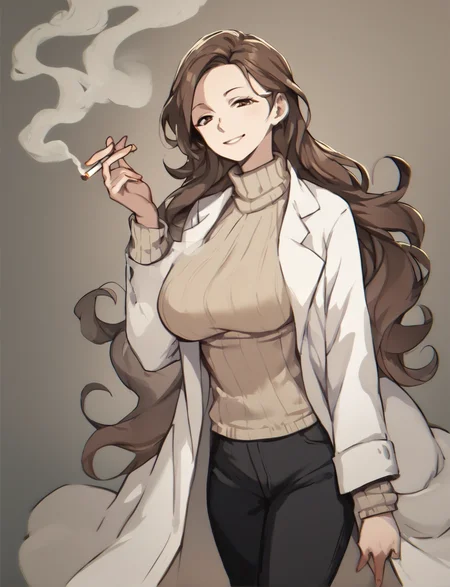 score_9, score_8_up. score_7_up, uncensored, <lora:blvefo:1>, blvefo9, mature female,
1girl,holding cigarette,lab coat,brown hair,smile,black pants,smoking,long sleeves,large breasts,smoke,looking at viewer,long hair,turtleneck sweater,brown eyes,cowboy shot
