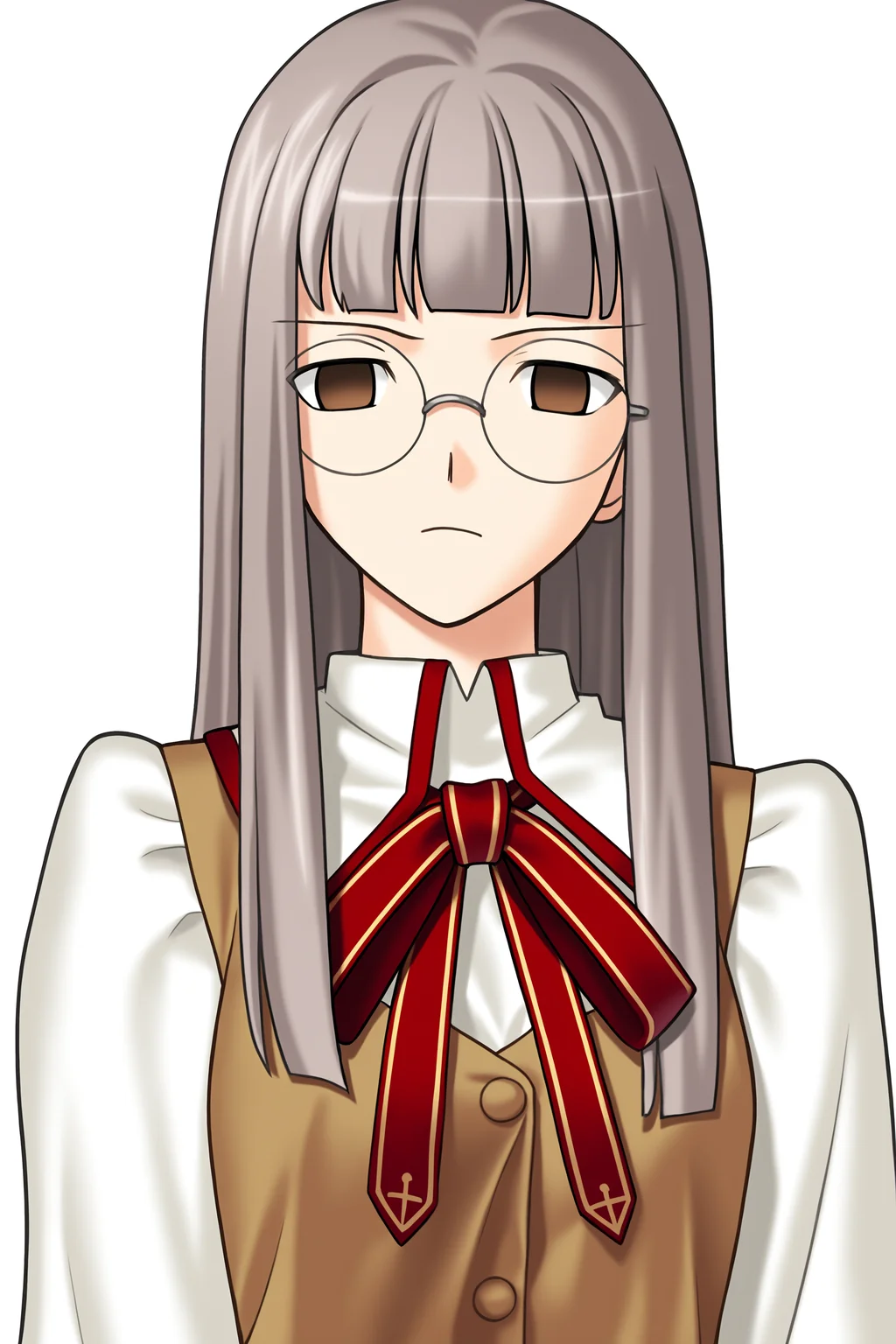 fatesnha, oekaki, 1girl, solo, long hair, looking at viewer, simple background, shirt, long sleeves, white background, ribbon, closed mouth, brown eyes, school uniform, upper body, grey hair, glasses, blunt bangs, vest, red ribbon, neck ribbon, expressionless, frown, transparent background, round eyewear, empty eyes, homurahara academy school uniform, himuro kane, 
(masterpiece, best quality, absurdres, highres, newest, very awa:1.2), 