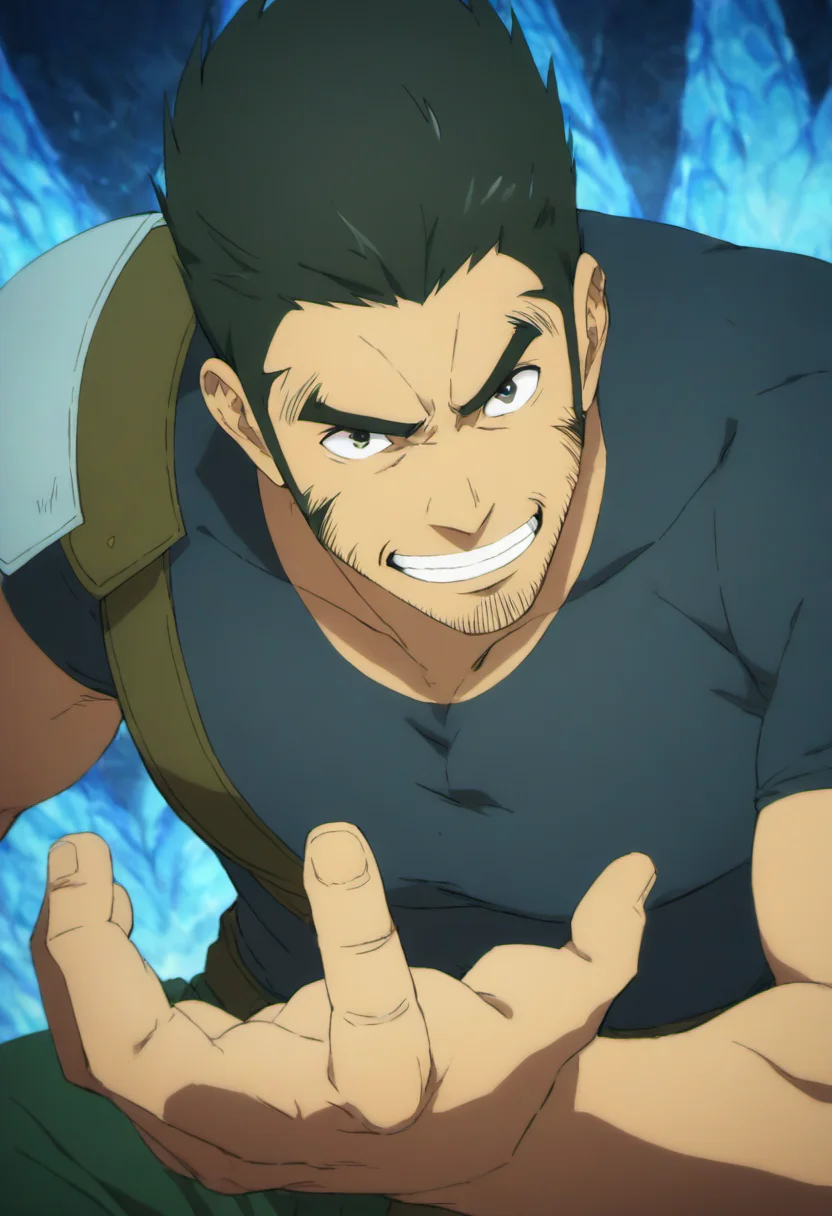 1boy, Hwang Dongsuk, ((long sideburns)), ((wrinkle)), thick sideburns, armor, (Stubble), (triangle_face), high headline, forest environment, tight black t-shirt,((middle-age man)), score_7_up, score_6_up, score_8_up, score_9_up, face_focus, muscular, evil_grin, smile, centered, looking at viewer, 8k uhd, high quality,(Nasolabial fold), attack pose, veiny arms,