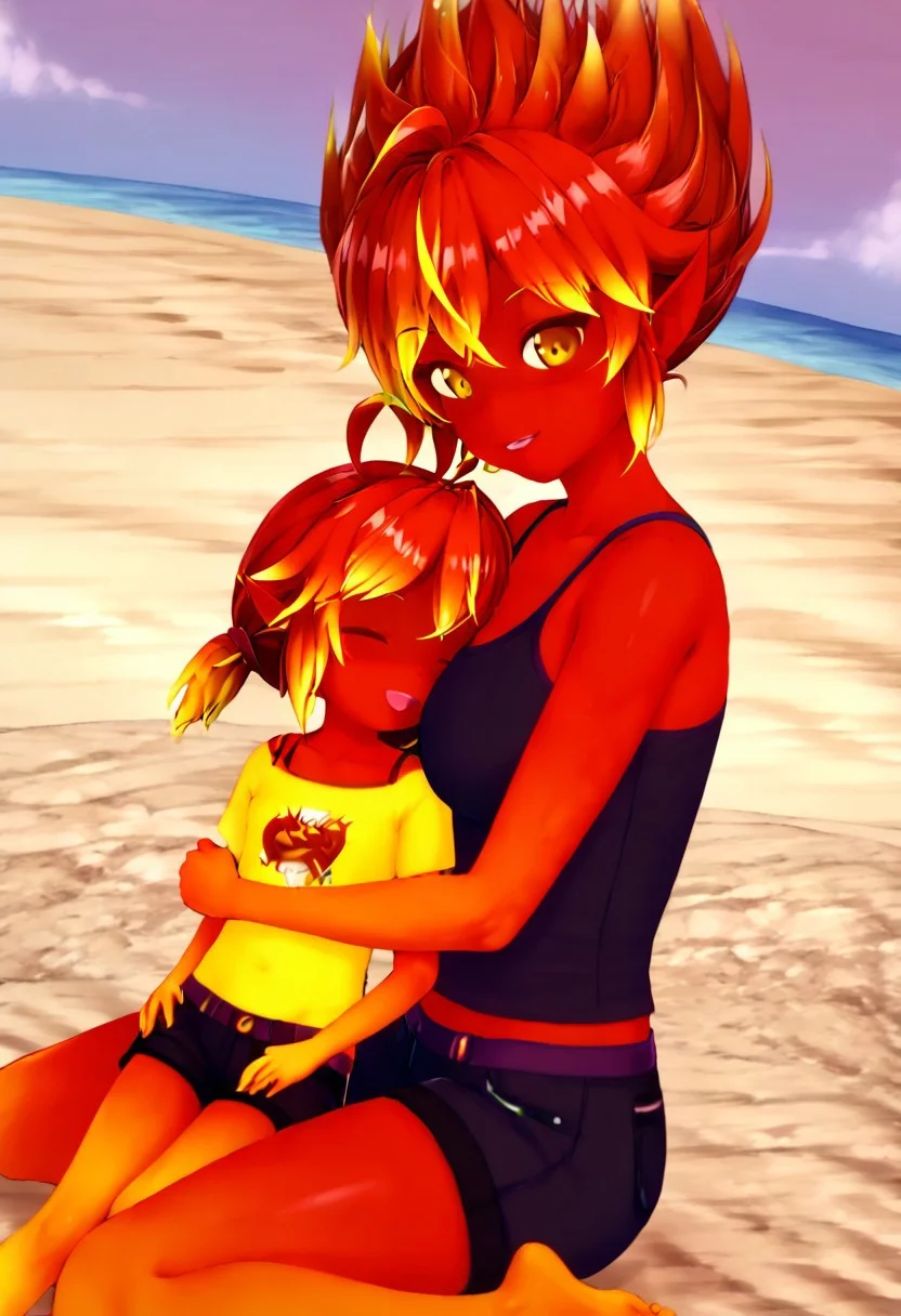 roxy, 2girls, adult, (roxy wears dark tank top and dark shorts), (roxy 5 feet tall), holding character, holding lil'roxy, sitting, lil'roxy, (lil'roxy is 40 inches tall), child, yellow shirt, red short shorts, fire girl, red skin, pointy ears, red and yellow eyes, red hair with yellow highlights, girl, detailed, mother and child, detailed, hug, looking at each other, beach