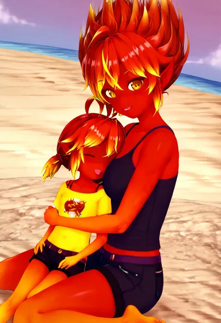 roxy, 2girls, adult, (roxy wears dark tank top and dark shorts), (roxy 5 feet tall), holding character, holding lil'roxy, sitting, lil'roxy, (lil'roxy is 40 inches tall), child, yellow shirt, red short shorts, fire girl, red skin, pointy ears, red and yellow eyes, red hair with yellow highlights, girl, detailed, mother and child, detailed, hug, looking at each other, beach