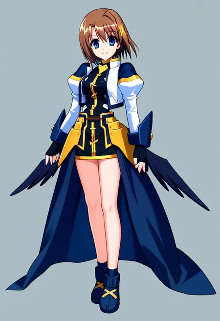 score_9, score_8_up, score_7_up, source_anime, good anatomy, 1girl, solo, HayateYagami, brown hair, short hair, x hair ornament, blue eyes, black dress with gold trim, short dress, fingerless gloves, faulds, puffy sleeves, juliet sleeves, cropped jacket, open jacket, waist cape, white and navy blue jacket, bare legs, standing, smiling, full body