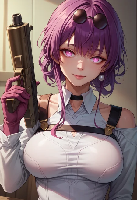 score_9,score_8_up,score_7_up,detailed,1girl,iwouldkafka,submachine gun,holding weapon,purple hair,empty eyes,no pupils,large breasts,sunglasses,eyewear on head,pearl earrings,collared shirt,white shirt,chest harness,black choker,shoulder cutout,purple gloves,looking at viewer,seductive smile,<lora:Kafka-JeloXL-000009:1>,