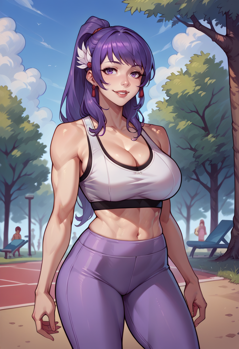 score_9, score_8_up, score_7_up, 1girl, solo, cowboy shot, contrapposto, looking at you, smile, parted lips, <lora:KyokaSN-pdxl:1> defKyoka, long hair, ponytail, purple hair, white hair ornament, large breasts, sports bra, cleavage, yoga pants, outdoors, park, sky