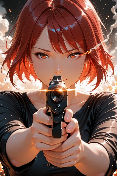 embedding:lazypos, 1girl, red hair, short hair, mature, aiming at viewer, gun, smoke, fired shot, close up, looking at viewer, pointing at viewer, eye trail, black shirt, four fingers <lora:TrendCraft_The_Peoples_Style_Detailer-v1.0A-3_13_2025-illustrious:0.6>