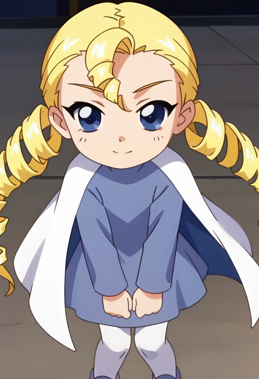 score_9, score_8_up, score_7_up BREAK Alkanet, 1girl, blonde hair, blue eyes, drill pigtails, long-sleeved blue dress, white tights, blue mary-jane shoes, white cape, female, female focus, screenshot, official art, parody, anime footage, official design, screencap, anime screenshot, official screenshot, 2d, anime, source_anime, solo, solo focus,