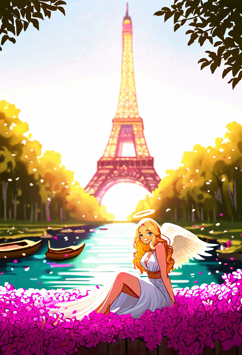 masterpiece, best quality, medium breasts, (curvy),   BREAK,  1girl, solo, blonde hair, wavy hair, angel, angel wings, halo, smile, sitting, forest, white dress,  <lora:EiffelTower_NAI:1.0>,  zzEiffelTower in background,  sitting, watercraft, boat, sitting on wall, side view, looking at viewer, smile,,, blooming stars, luminescent petals, otherworldly fragrance blurry background,