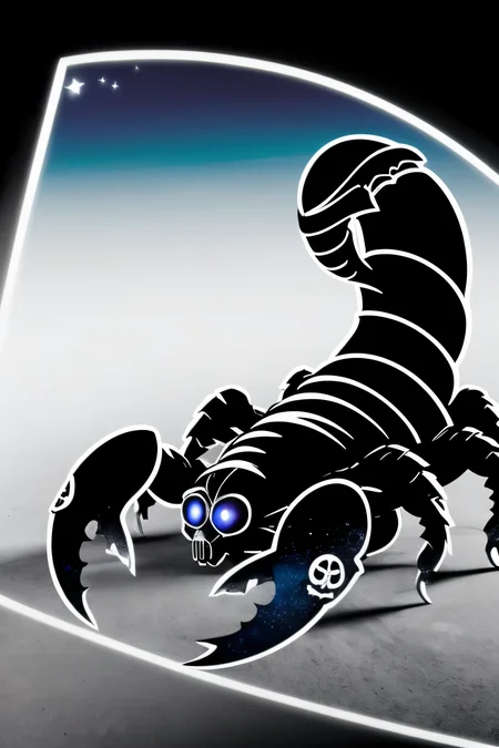(Realistic:1.5) EdobScorpion, heart, solo, silhouette, long sleeves, black eyes, skull, power armor, night, sky, blue eyes, monochrome, <lora:EdobScorpionArtistic_v1.0:0.8>