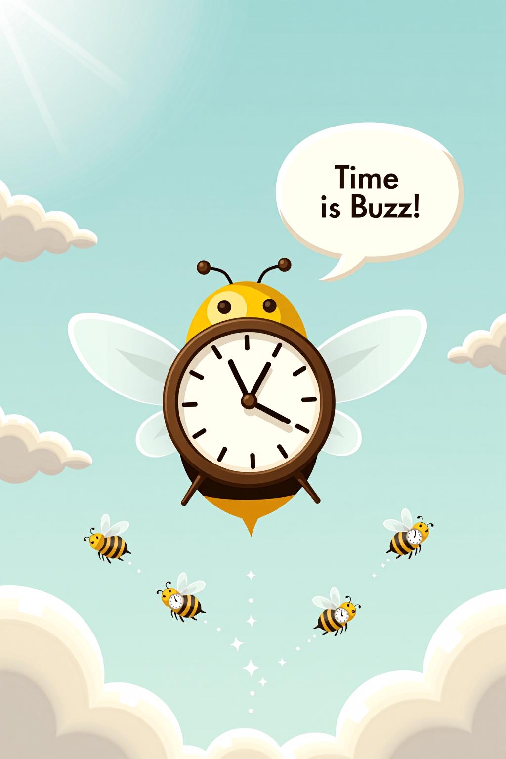 An illustration for "Time is Buzz" could show a whimsical clock with wings buzzing through the air like a bee. The clock face has hour and minute hands made to resemble a stinger and antennae, respectively. Small, cartoon-like bees with tiny clocks on their backs flit around, each trailing faint sparkles. The background could be a gradient sky with faint clouds and soft rays of sunlight, giving a playful sense of time literally "buzzing" around. Speech Bubble that says "Time is Buzz!" <lora:schnell_v1.0:1.0><lora:781689983800111384:0>