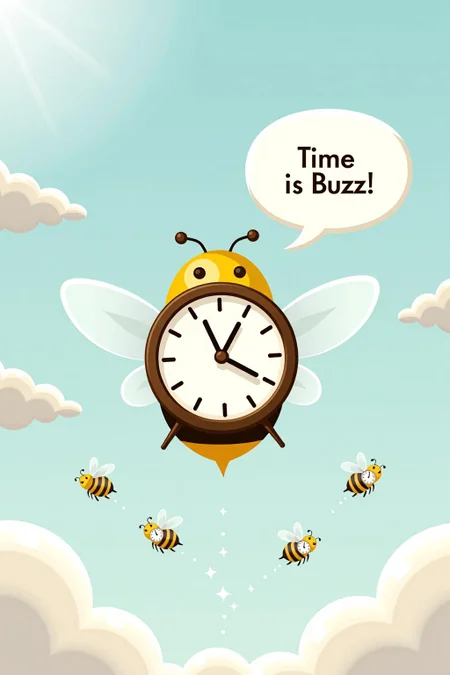 An illustration for "Time is Buzz" could show a whimsical clock with wings buzzing through the air like a bee. The clock face has hour and minute hands made to resemble a stinger and antennae, respectively. Small, cartoon-like bees with tiny clocks on their backs flit around, each trailing faint sparkles. The background could be a gradient sky with faint clouds and soft rays of sunlight, giving a playful sense of time literally "buzzing" around. Speech Bubble that says "Time is Buzz!" <lora:schnell_v1.0:1.0><lora:781689983800111384:0>