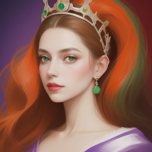 Portrait of a beautiful Queen.
Orange, red, green,  purple colors only.