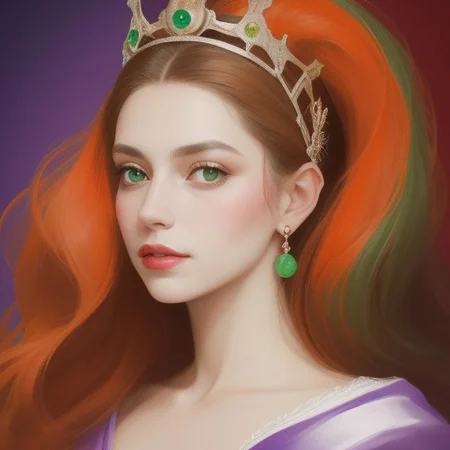 Portrait of a beautiful Queen.
Orange, red, green,  purple colors only.