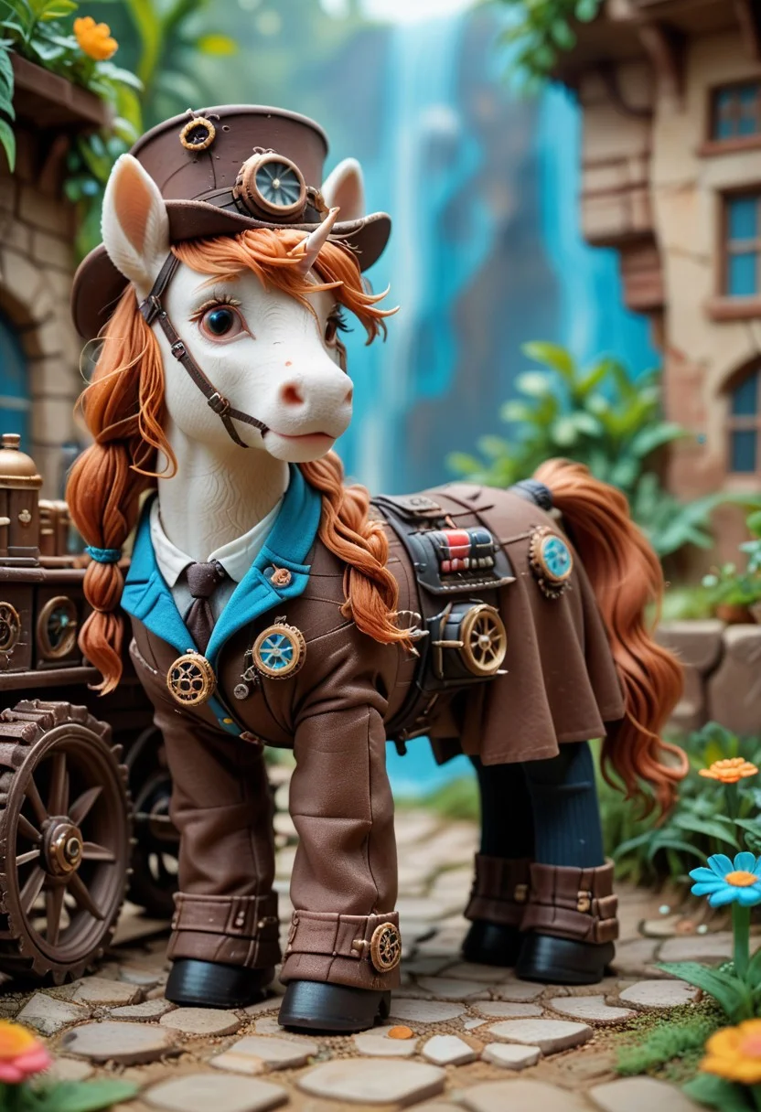WORLD MORPH CLAY, score_9, score_8_up, score_7_up,
Microphotograph of a massive steampunk unicorn, with integrated gears and cogs, bathed in warm terracotta and cool teal light, at golden hour, in 8k resolution, emphasizing soft light and earthy contrasts.