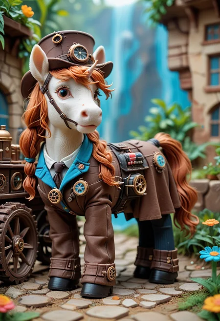 WORLD MORPH CLAY, score_9, score_8_up, score_7_up,
Microphotograph of a massive steampunk unicorn, with integrated gears and cogs, bathed in warm terracotta and cool teal light, at golden hour, in 8k resolution, emphasizing soft light and earthy contrasts.