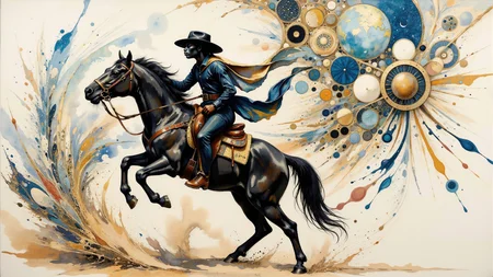 Surrealism themed artwork depicting black-toned Ethiopian Wild West frog riding a horse, steampunk, intricate white and azure filigree, impossible, billowing bright dust, very detailed. The overall feel of the image is of clarity and balanced space, with distorted people and items interacting in unusual ways. Additionally the image incorporates elements of mixed media including flowing lines drawn with fine pens and appliqued goldleaf. The general effect is of elaborate surreal and absurdist elements interacting with each other to produce timeless fine art elegance. <lora:Paper_Marbling_Flux:0.5> <lora:Eldritch_Watercolor_for_Flux:0.5> <lora:midjourney_whisper_chromaplex_v1:0.4> <lora:Eldritch_Paint_Sketch_for_Flux_1.0.5:0.4> <lora:FLUX.1-DEV_-_Decadence_Art_style_LoRA:0.5>