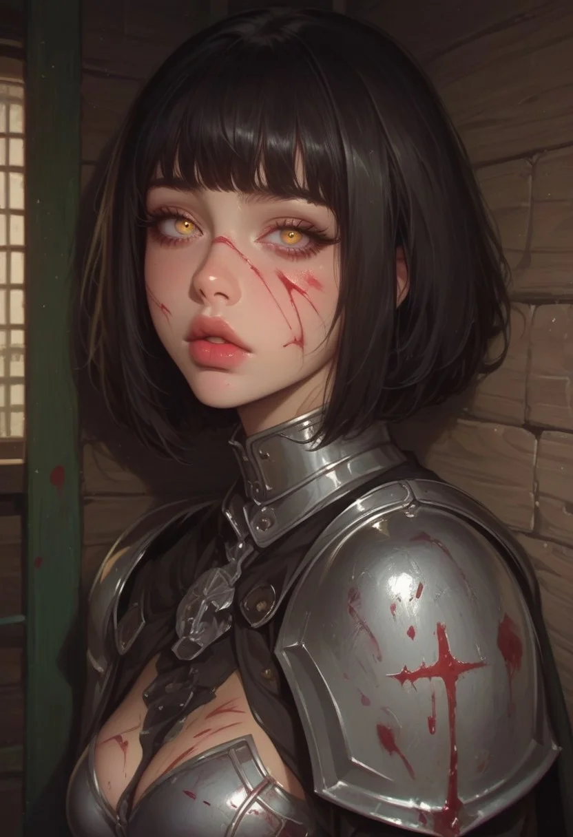 score_9, score_8_up, score_7_up, score_6_up, Expressiveh, source_anime, masterpiece, fancy, european girl, european, long eyelashes, bangs, black hair, bob cut, sexy lips, yellow eyes, perfect glossy skin, iiiiiiiiiiiiiii,jsyu,iiiiiiiiiiiiiiiiiii,iiiiiiiiii,
intricate design, highly detailed, realistic, 1girl, detailed anime masterpiece, smooth skin, detailed face, detailed lips, detailed skin, medieval, silver armor plate, cloak, shed, wounded, blood coming out of arm, bleeding, scared facial expression, leaning against a wall, night, photoshoot, dynamic lighting, volumetric lighting, neon, looking at viewer, glowing eyes, narrowed eyes,