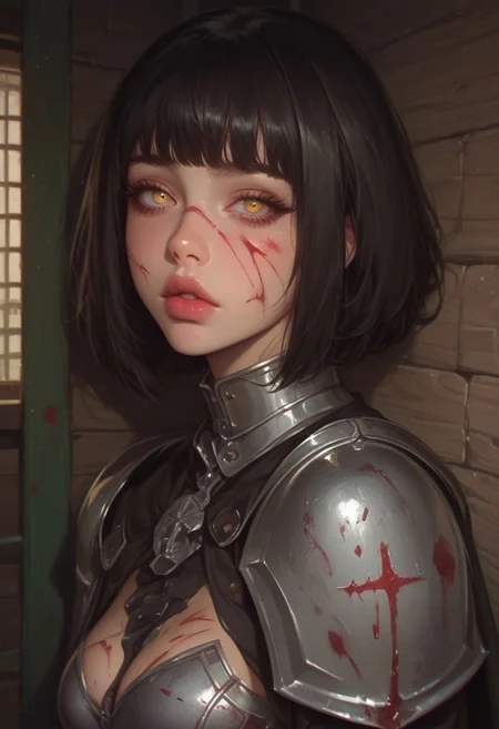 score_9, score_8_up, score_7_up, score_6_up, Expressiveh, source_anime, masterpiece, fancy, european girl, european, long eyelashes, bangs, black hair, bob cut, sexy lips, yellow eyes, perfect glossy skin, iiiiiiiiiiiiiii,jsyu,iiiiiiiiiiiiiiiiiii,iiiiiiiiii,
intricate design, highly detailed, realistic, 1girl, detailed anime masterpiece, smooth skin, detailed face, detailed lips, detailed skin, medieval, silver armor plate, cloak, shed, wounded, blood coming out of arm, bleeding, scared facial expression, leaning against a wall, night, photoshoot, dynamic lighting, volumetric lighting, neon, looking at viewer, glowing eyes, narrowed eyes,