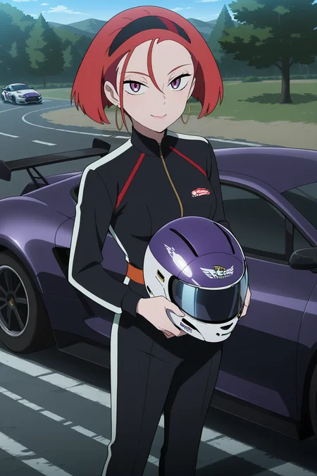 volumetric lighting, official style, amazing quality, ultra detailed, highres, detailed background, anime screenshot, anime screencap, anime coloring, masterpiece, detailed face,1girl <lora:Annqi__v3:0.9>nnqi, red hair, solo, short hair, purple and orange eyes, solo, looking at viewer, smile, bangs, long sleeves, closed mouth, standing, racing suit, racing outfit, holding racing helmet, outdoors, sky, day,tree, ground vehicle, motor vehicle, emblem, car, road, vehicle focus, sports car, from above