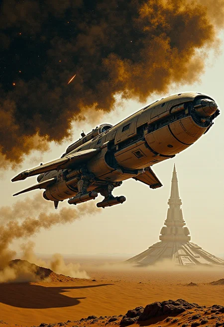 expressive poster ink art on rice paper, sepia, henna , Silhouette Art, magnificent, broad expressive brushstrokes, in the style of cksx, dynamic angle shot of a VTOL ckspaceship with stabiliser legs on skis, gunship taking off vertically from an arid planet surface, dark starry sky, meteor shower