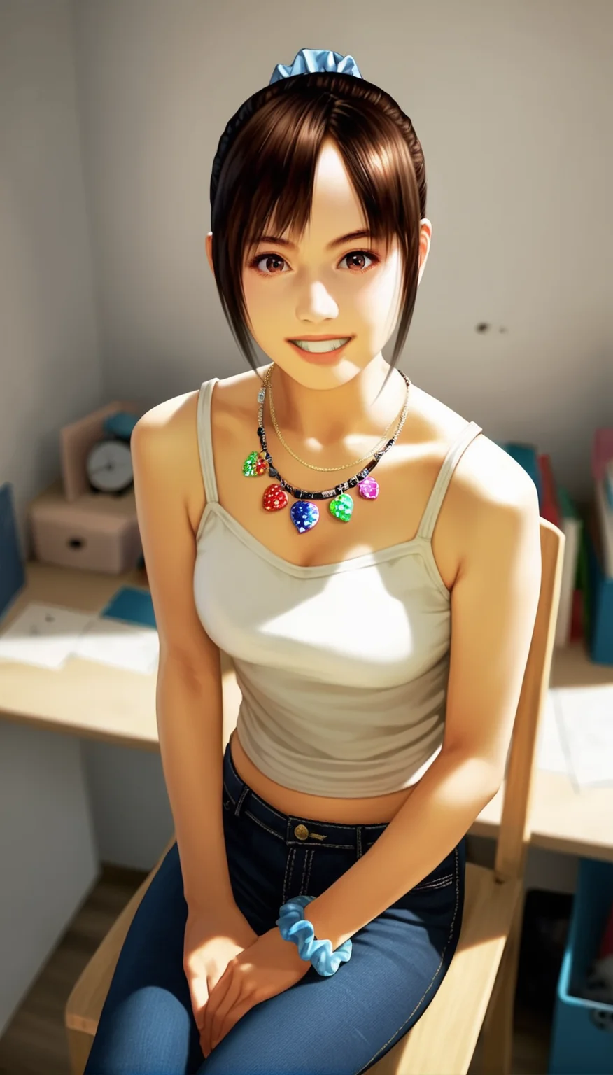 score_9,score_8_up,score_7_up,<lora:MiiyamotoHikari>,
miiyamotohikari,
highres,bloom,Volumetric Lighting,photorealism,
1girl,solo,black hair,bangs,ponytail,blue scrunchie,brown eyes,looking at viewer,facing aside,grin,white camisole,necklace,bracelet on the left wrist,jeans,sitting on chair,hands on legs,cowboy shot,from above,blurry background,simple background,indoors,neat and tidy room,