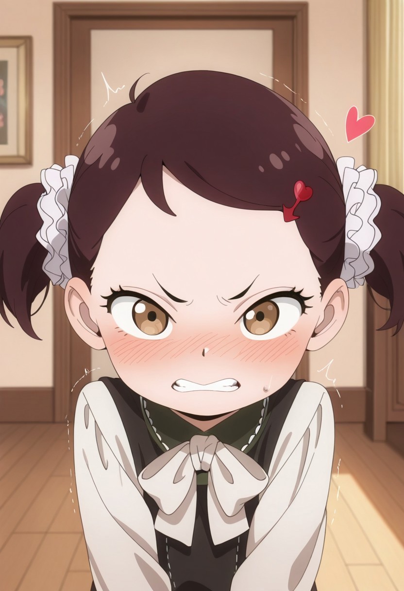 masterpiece,best quality,amazing quality, becky blackbell, female child, child, brown hair, brown eyes, short twintails, 1girl, twintails, solo, blush, hair ornament, bow, indoors, looking at viewer, teeth, heart, hairclip, clenched teeth