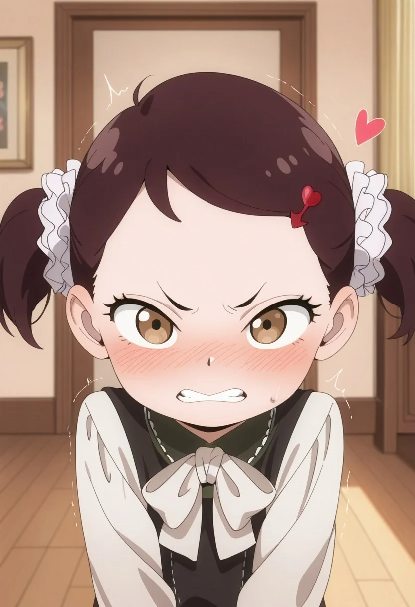 masterpiece,best quality,amazing quality, becky blackbell, female child, child, brown hair, brown eyes, short twintails, 1girl, twintails, solo, blush, hair ornament, bow, indoors, looking at viewer, teeth, heart, hairclip, clenched teeth