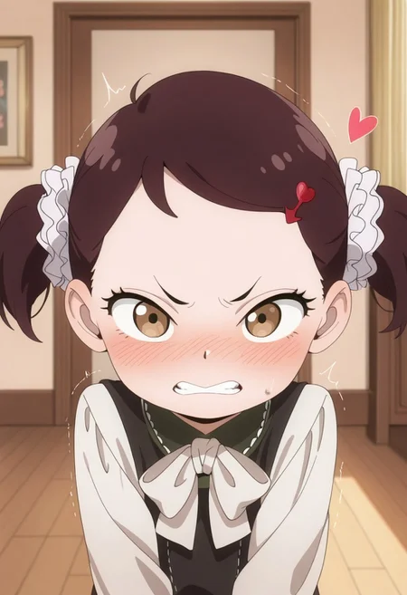 masterpiece,best quality,amazing quality, becky blackbell, female child, child, brown hair, brown eyes, short twintails, 1girl, twintails, solo, blush, hair ornament, bow, indoors, looking at viewer, teeth, heart, hairclip, clenched teeth