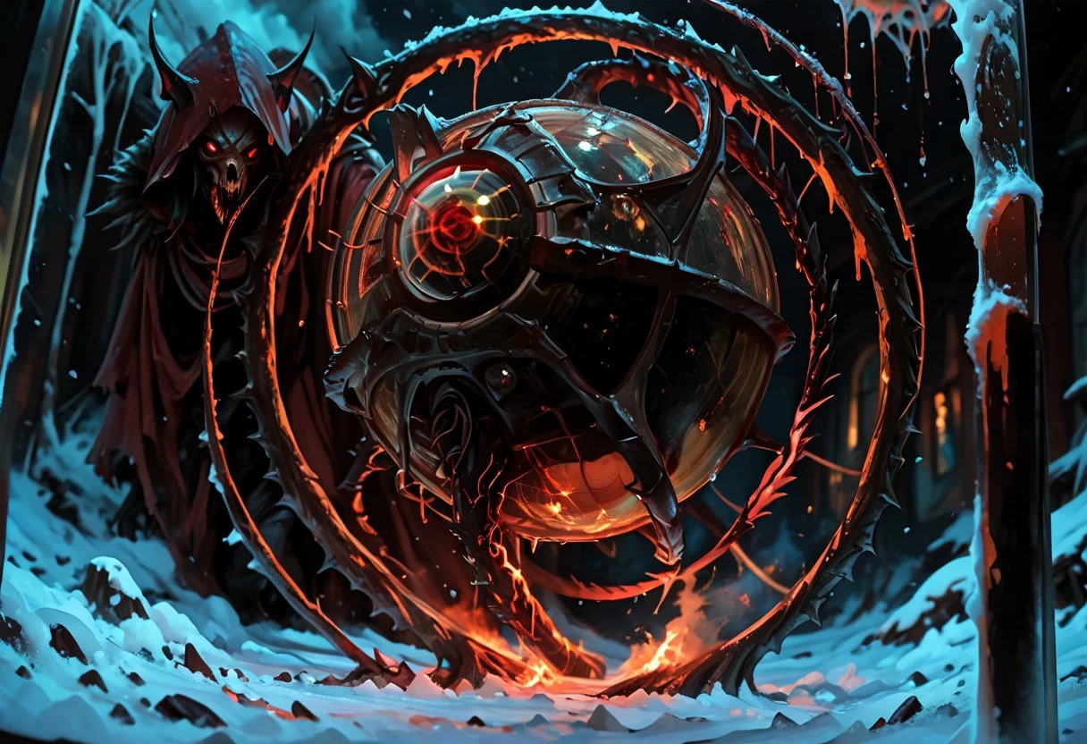 masterwork, masterpiece, best quality, detailed, depth of field, high detail, very aesthetic, sharp edges, precise, clear focus, highly detailed epic cinematic concept art, octane render, 3d shading, excellent composition, dynamic dramatic lighting, aesthetic, very inspirational, (Dreamlike surrealist painting:1.8),
(the world is burning (inside a glass sphere:1.9) :1.5), watched by a demon, surreal female demon, red eyes, swirling cloak turning into threatening clouds,
snow, glowing footprints, burning tears scorch the land, eldritch, horror, gdv2-illu