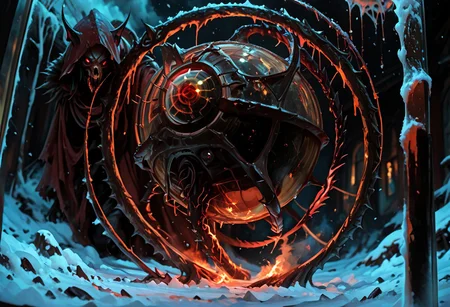 masterwork, masterpiece, best quality, detailed, depth of field, high detail, very aesthetic, sharp edges, precise, clear focus, highly detailed epic cinematic concept art, octane render, 3d shading, excellent composition, dynamic dramatic lighting, aesthetic, very inspirational, (Dreamlike surrealist painting:1.8),
(the world is burning (inside a glass sphere:1.9) :1.5), watched by a demon, surreal female demon, red eyes, swirling cloak turning into threatening clouds,
snow, glowing footprints, burning tears scorch the land, eldritch, horror, gdv2-illu