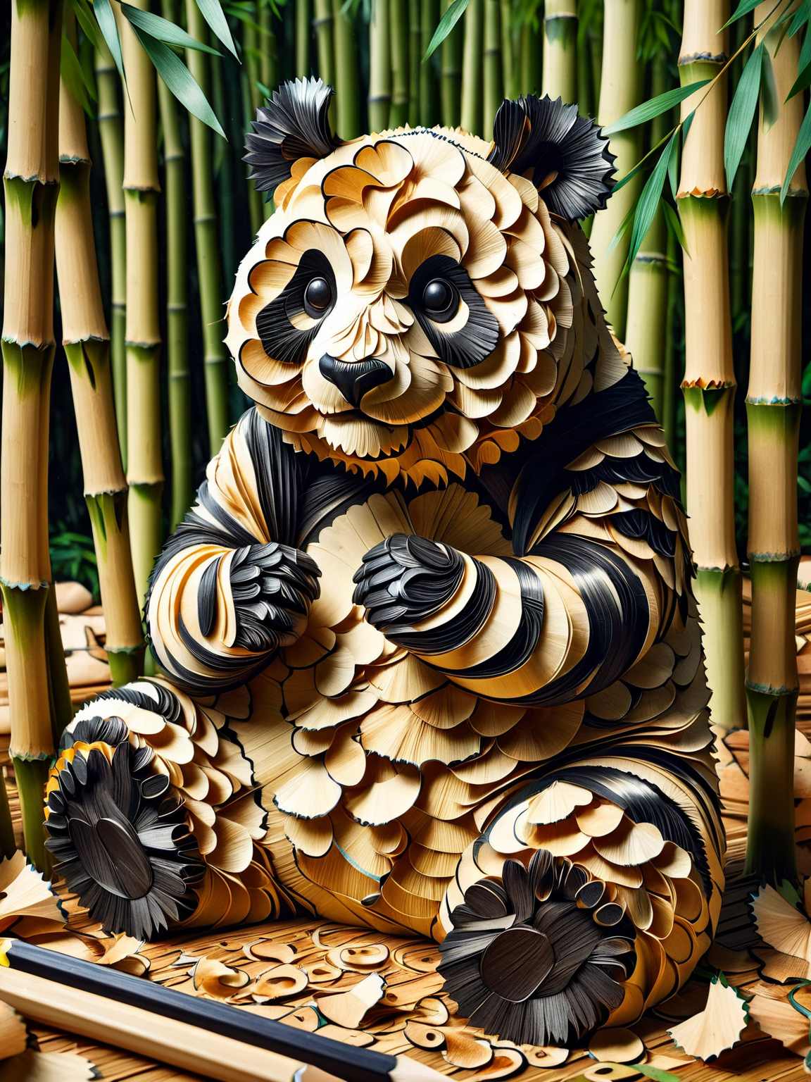 A ais-pencilshavings panda, sat amongst bamboo, dynamic, cinematic, masterpiece, intricate, hdr.  <lora:Pencil_Shavings_Style_SDXL:1>