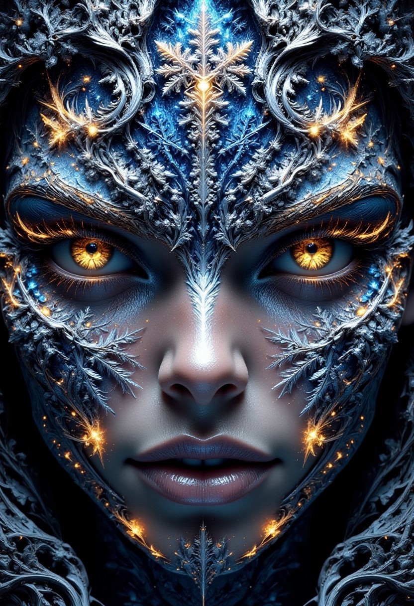 masterpiece, highly detailed
enigmatic eyes of a sorceress. Intricate winter patterns made of snowflakes, ice crystals and glittering light effects that shimmer on the face. Chiaroscuro. Drama, shadows on the face. Color palette of rich white, cream and shimmering silver tones.  captivating image. full body view,
vivid color, simple background, 3D Render Style, hkmagic, DreamArt, Digital artwork featuring a highly detailed snowflake design, intricately carved into the shape of (SUBJECT).