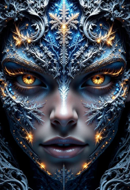 masterpiece, highly detailed
enigmatic eyes of a sorceress. Intricate winter patterns made of snowflakes, ice crystals and glittering light effects that shimmer on the face. Chiaroscuro. Drama, shadows on the face. Color palette of rich white, cream and shimmering silver tones. captivating image. full body view,
vivid color, simple background, 3D Render Style, hkmagic, DreamArt, Digital artwork featuring a highly detailed snowflake design, intricately carved into the shape of (SUBJECT).