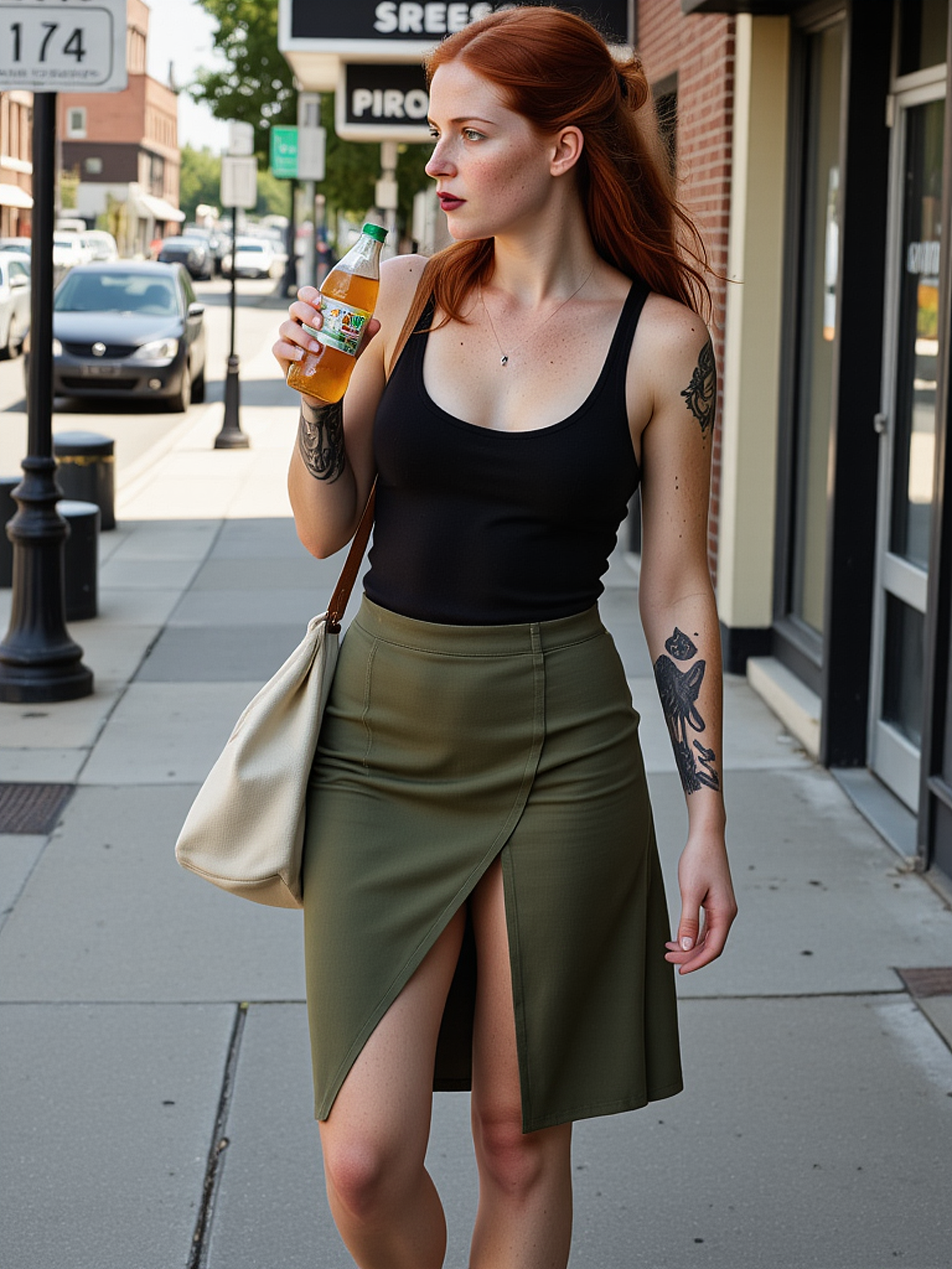 Geppy steps out of a small corner shop into the bright midday sunlight. Her long hair is tied in a messy low knot, with a few loose strands framing her face. She wears a fitted black tank top without a bra, and a deep olive green skirt with a high slit. She holds a half-full plastic bottle of citrus soda and takes a final sip before tucking it under her arm. A small silver nose stud glints in the sunlight, and faint traces of burgundy lipstick remain on her lips. Freckles dot her face and chest. A blackwork tattoo is visible on her arm. Another tattoo on her thigh. She walks with a relaxed, unhurried stride, barefoot in worn trainers, her canvas bag slung casually over one shoulder. The quiet, mundane chaos of the street surrounds her—pedestrians, distant car engines, and the hum of a warm day unfolding.