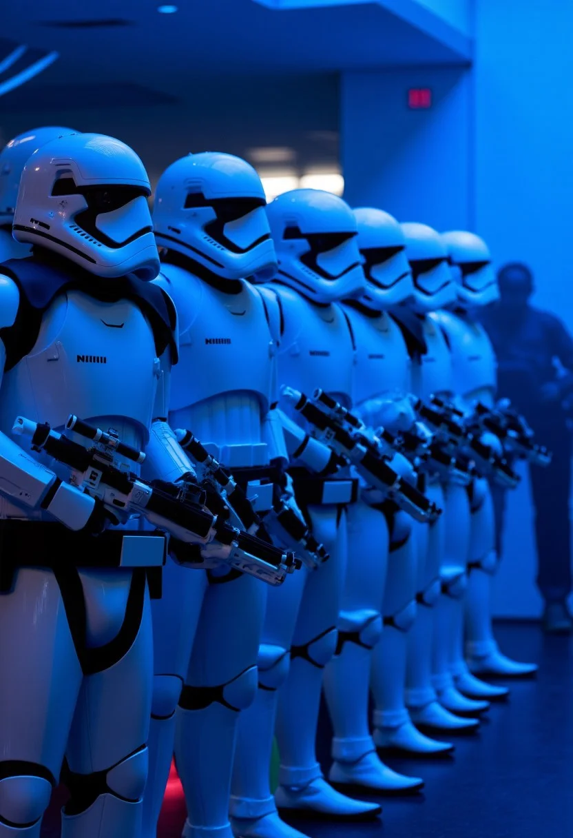a squad of First Order Stormtroopers standing in a perfectly straight line at attention. The Stormtroopers should be in their signature white and black armor, with weapons, facing forward. The background should be dark and ominous, with fog, possibly with the interior of a Star Destroyer or a futuristic military setting. The blue lighting should highlight the Stormtroopers armor, creating a dramatic effect. The soldiers should be standing motionless, with their posture rigid and precise, embodying discipline and readiness