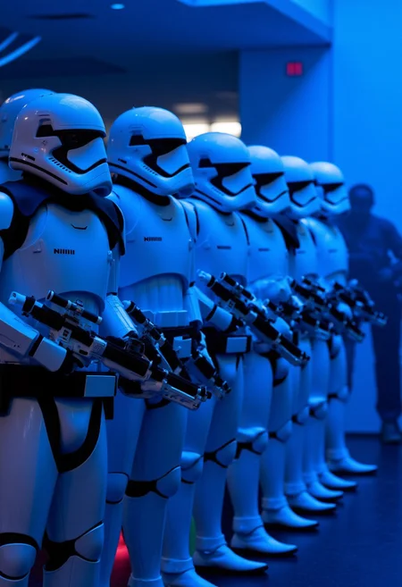 a squad of First Order Stormtroopers standing in a perfectly straight line at attention. The Stormtroopers should be in their signature white and black armor, with weapons, facing forward. The background should be dark and ominous, with fog, possibly with the interior of a Star Destroyer or a futuristic military setting. The blue lighting should highlight the Stormtroopers armor, creating a dramatic effect. The soldiers should be standing motionless, with their posture rigid and precise, embodying discipline and readiness