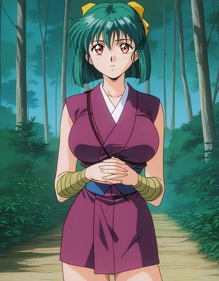 general,highres, ultra-detailed,very aesthetic,best quality ,best hands, BREAK <lora:Yaku_InjuuGakuen_IS:1.1>
Yaku, 1girl, green hair, short hair, red eyes, large breasts, hair ribbon, Yellow bow,
japanese clothes, ninja, short kimono, purple kimono,
1990s \(style\),anime coloring,
copse of trees, forest,