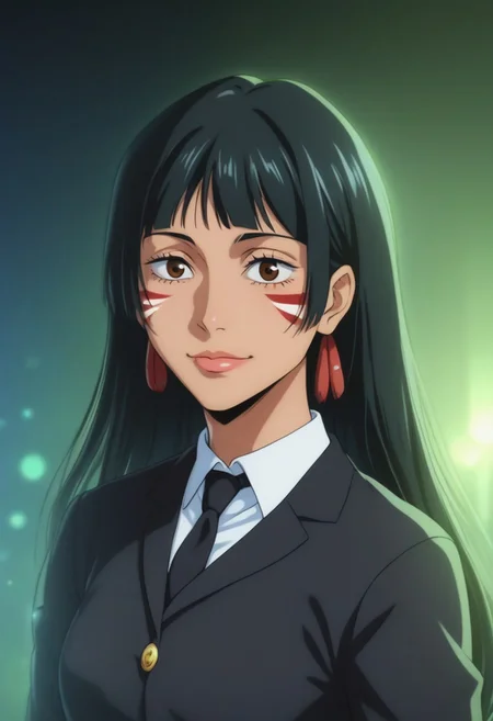 score_9, score_8_up, score_7_up, source_anime, intricate details, anime screencap, perfect balance, official art, extremely detailed CG unity 8k wallpaper, perfect lighting, Colorful, Warm_Front_face_Lighting, (masterpiece:1.0),(best_quality:1.0), ultra high res,4K,ultra-detailed, photography, 8K, HDR, highres, absurdres:1.2, Kodak portra 400, blurry background, bokeh, lens flare, (Anime) (vibrant_color:1.2), professional photograph, night, (cute_face:1.2), 2d, anime, upper body, intricate iris, American, Professional character design, 1girl, female focus, (Brown eyes), perfect eyes, (black-hair), Native American, Indigenous, American Indian, youthful, solo, jujutsu_kaisen_style, character portrait, (perfect-lighting), face, young, (Dark-black-hair), Long hair, (Native American), Indigenous, American Indian, (((wild eyes))), (Native North American), (Upturned eyes), (high cheekbones), (strong jawline), (Black Hair), (Black Cowboy Jacket), (((wild eyes))) ((Bobbed Bangs)) (((Slanted-Eyes))) (Psycho) (Happy) (Friendly) (Goofy) (Dark Black Jacket) (White Dress Shirt), (Redwood Forest, Pacific Northwest Forests), (Inuit), (Tan skin), (Dark Skin), (Brown skin), (bobbed hair), White Eagle-Feather-Earrings, Thick Bangs, Bobbed hair, Bob-cut, White-Feather-Earrings, Brown-skin, Inuit Face-paint, Full-Bangs, Wide-Bangs, Thick-Hair, Native Face-paint, Black Necktie