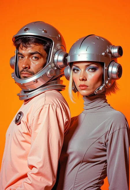 Full indoor shot of a man and a woman, styled as futuristic astronauts or space travelers. The man wears a light, pinkish-peach colored, form-fitting outfit, and a silver-colored helmet with rounded visor and goggles. His expression is neutral, and he is looking directly at the camera. The woman wears a light gray, form-fitting outfit with a high turtleneck and appears to have a similar, but more elaborate, silver helmet with a camera-like device on top. Her styling includes bold, cool-toned makeup with blue eyeshadow and a slightly rosy lip color. Her hair is blonde, and styled in a short bob. Her gaze is also directed at the camera. Both figures are set against a bright, solid orange background that creates a strong contrast. The lighting in the image is fairly even, with no significant shadows. The overall impression is one of a futuristic, perhaps sci-fi, or retro-futuristic style.