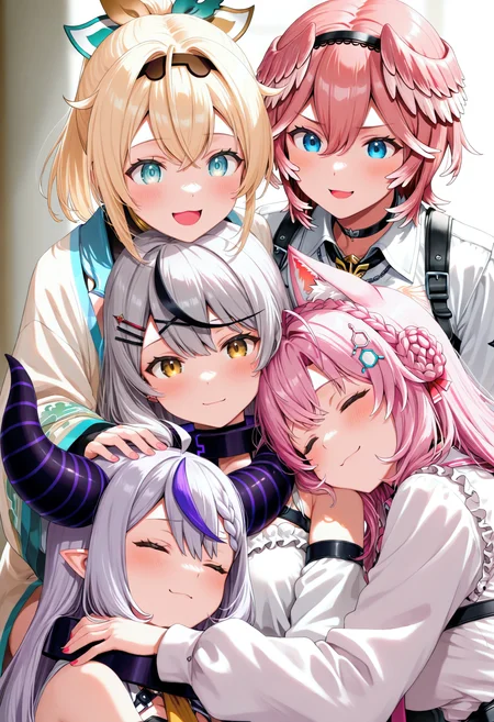 5girls, hakui koyori \(1st costume\), kazama iroha \(1st costume\), la+ darknesss \(1st costume\), sakamata chloe \(1st costume\), takane lui \(1st costume\), head on head, masterpiece, best quality