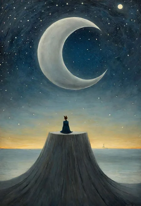 Neo Surrealism, overwhelmed by reason, by Gabriel Pacheco and Max Ernst, existential residues dark shines surrealism, deep blue, gray and orange color scheme, fantasy Victorian art, magical realism bizarre art, pop surrealism, like Alice in wonderland, whimsical art. Generate an illustration of an Vincent van Gogh sitting on a crescent moon in the sky looking at the starry nights. The figure should have a mysterious aura.
