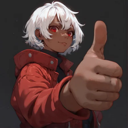 score_7_up, score_8_up, clos_pers, close-up, perspective, 1girl, dark-skinned female, white hair, red jacket, red eyes, upper body, foreshortening, thumbs up, hand focus, simple background,