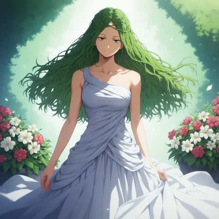 <lora:SlimesIbara-000007:1>, score_9, score_8_up, score_7_up, slimes_ibara, woman, solo, green hair, dress, twirling dress, smile, flower garden background