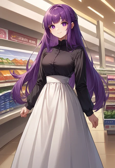 score_9, score_8_up, source_anime, 1girl, solo, FernFrieren, purple eyes, purple hair, long hair, half updo, hair ornament,high-waist skirt, long skirt, white skirt, black shirt, long sleeves, smile, standing, indoors, shopping mall, <lora:CHAR-FernPonyXL:1>
