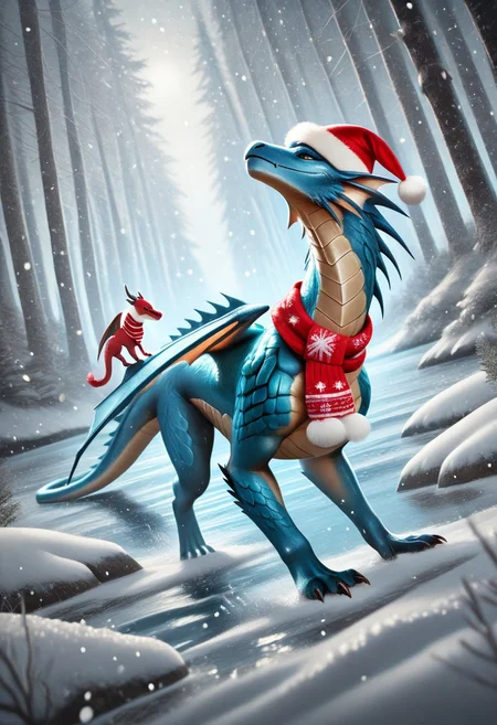realistic shading, dark environment, dim lighting, expressive face, animal focus, animal christmas, dragon, full body, standing, scarf, red headwear, fur-trimmed clothing, blurry outdoors forest, christmas, snowing, winter, water, dutch angle, dynamic angle, depth of field, atmospheric perspective, intricately detailed illustration, masterpiece, best quality, amazing quality, very aesthetic, absurdres, newest