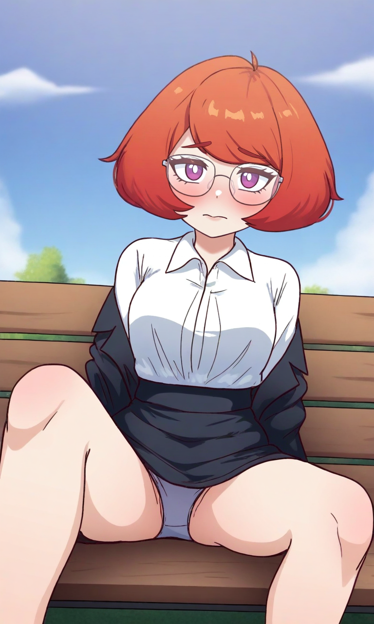 masterpiece, best quality, high resolution, absurdres, 1girl, derpixonstyle, glasses, formal, white_shirt, collared_shirt, high-waist_skirt, sitting, outdoors, bench, looking_at_viewer, pantyshot, panties, blush, red_hair, short_hair, sky,