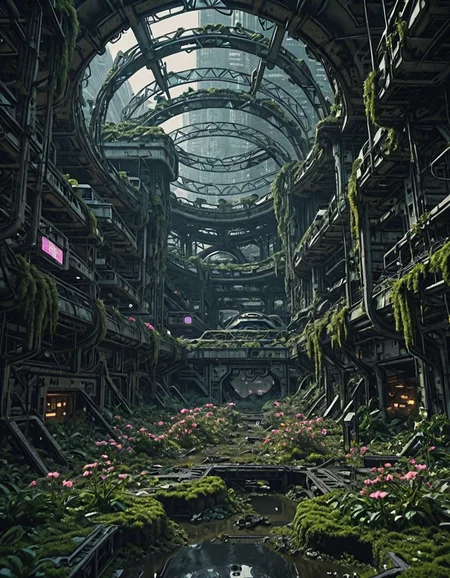 <lora:SWL_Underground1illb:1> swlu1, abandoned future habitat, high detail, overgrown megastructure, circular atrium, pink blossoms, huge oculus, circular megastructures, moss-covered decay, side angle view, neon reflections, abandoned urban garden, decayed high-tech city, mossy architecture, abandoned futuristic interior, cinematic lighting, pink and magenta flora, moss, serene post-apocalyptic beauty, photo of underground sci-fi slum, epic vertical scale, photo of overgrown multilevel cyber-structure, nature overgrowing architecture, photoreal