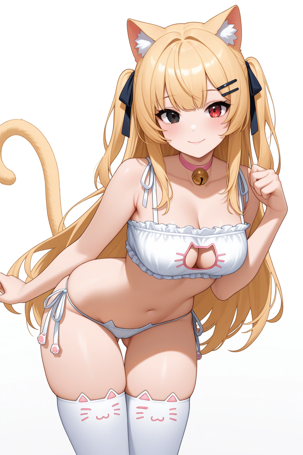 lee jooin, 1girl, animal ear legwear, animal ears, armpit crease, ass visible through thighs, bare arms, bare shoulders, bell, bent over, black eyes, blonde hair, bra, breasts, cat ear legwear, cat ears, cat girl, cat lingerie, cat tail, choker, cleavage, closed mouth, cowboy shot, frilled bra, frilled panties, frills, hair ornament, hair ribbon, hairclip, hand up, heterochromia, jingle bell, long hair, looking at viewer, medium breasts, meme attire, panties, pink choker, red eyes, ribbon, side-tie panties, simple background, skindentation, smile, solo, standing, stomach, string bra, tail, tail raised, thighhighs, thighs, two side up, underwear, underwear only, very long hair, virtual youtuber, white background, white bra, white panties, white thighhighs, masterpiece, best quality