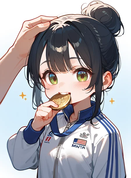 score_9, score_8_up, score_7_up, a cute chibi girl biting a silver medal, <lora:olimedbitepxl:0.8>, olimedbitepxl, 1girl, closeup, focus on face, best quality, masterpiece, white tracksuit, adorable, anime, black hair, hair bun, cartoon, 2d,olympics,